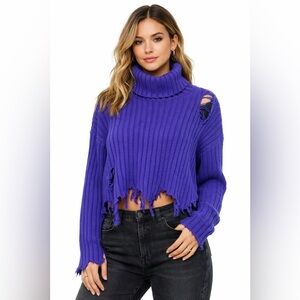 Forever 21 Distressed Turtleneck Ribbed Sweater Grunge Y2K Shredded Crop Large